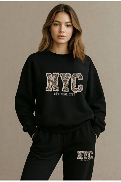 FUFLUNS طقم بدلة رياضية من LEOPAR NYC مطبوعة للجنسين بياقة دائرية كبيرة الحجم