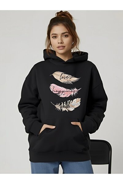 FUFLUNS Love Happiness Faith Feather Printed Oversize Unisex Women/Men Hooded...