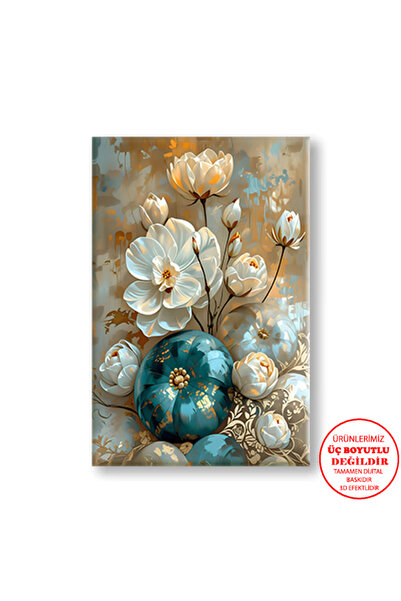 Harikabirev KANVAS-DUVAR-SALON YAĞLI BOYA EFEKTLİ TURKUAZ-GOLD ÇİÇEKLER|TEKLİ...