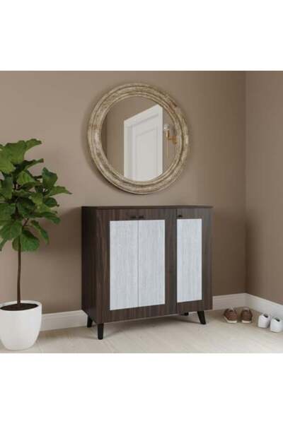 BAITY Shoe Cabinet 3 Doors Malaysian Wood 4 Shelves - Brown and Gray