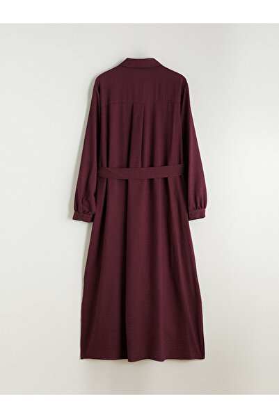 LC Waikiki Burgundy Belted Striped Shirt Dress