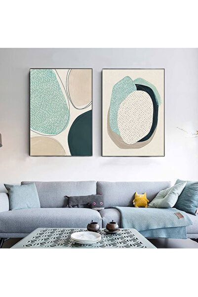 Linacci Set of 2 Black Metal Frame Blue Circular Real Glass Painting