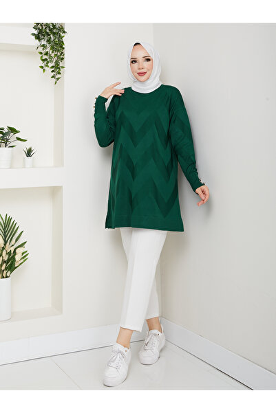 KMKkombin Women's Terry Fabric Sleeve Button Detail Self-Patterned Circular Neck Tunic