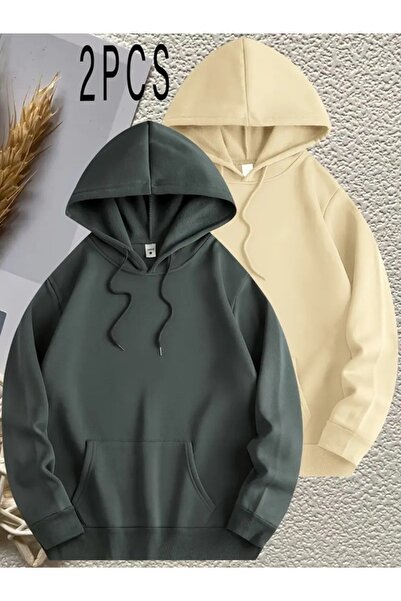 EXPECTED سترة رياضية ملونة كبيرة الحجم بغطاء للرأس وثلاثة خيوط للجنسين من لي