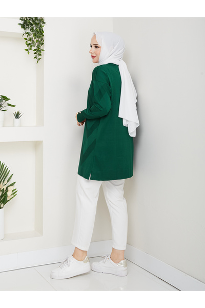 KMKkombin Women's Terry Fabric Sleeve Button Detail Self-Patterned Circular Neck Tunic