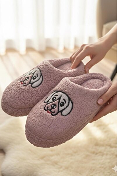 Oksit Ft 102 Dog Embroidered Women's House Slippers Plush Slippers Dowry and Bundle Slippers Do Not Make Noise Thick Sole