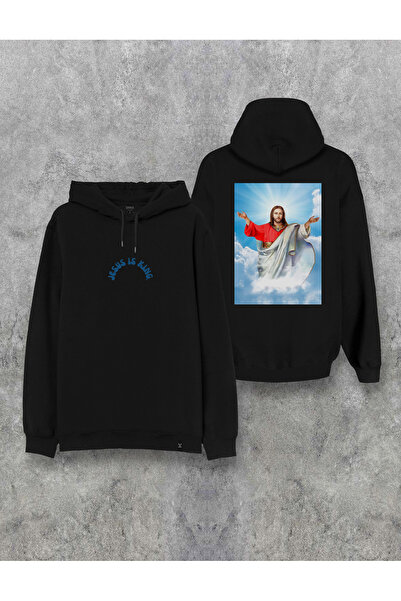 MODA Jesus Is King B cu imprimeu Hanorac negru K cu glugă Sweat tricou Hanora...