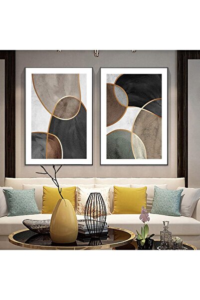 Linacci Set of 2 Black Metal Frame Coffee Anthracite Real Glass Painting Set