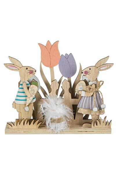 OEM Decoratiune din lemn, iepurasi de Paste cu flori, 18 cm