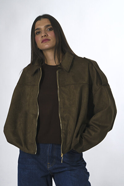 ABBRA Kadın Vegan Süet Fermuar Detaylı Astarlı Bomber Ceket