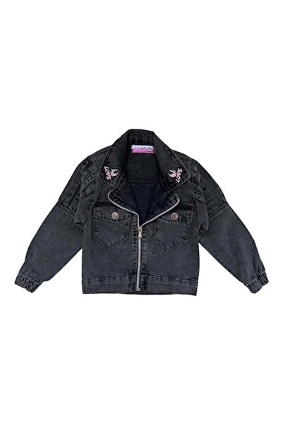 Miniworld Denim Jacket for Girls with Decorative Applications and Zipper, Love, Age 6 Years, 116 cm, Black