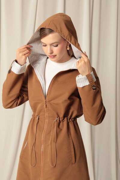 PINTORE Torino Kumaş Çizgili Garnili Kapüşonlu Kadın Taba Yağmurluk