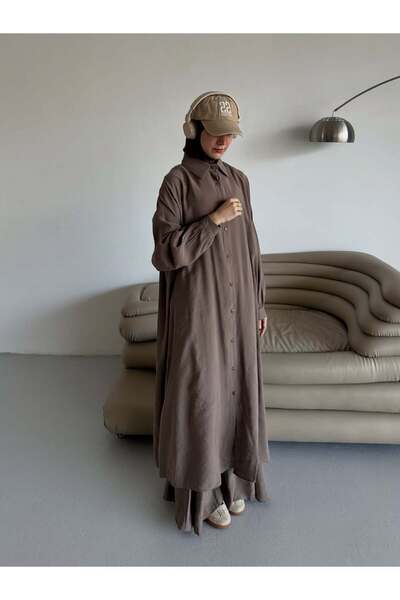 Rosela Keten Cupra Uzun Tunik ve Etek Takım