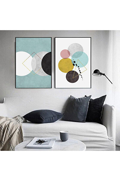 Linacci Set of 2 Black Metal Frame Blue Geometric Real Glass Painting