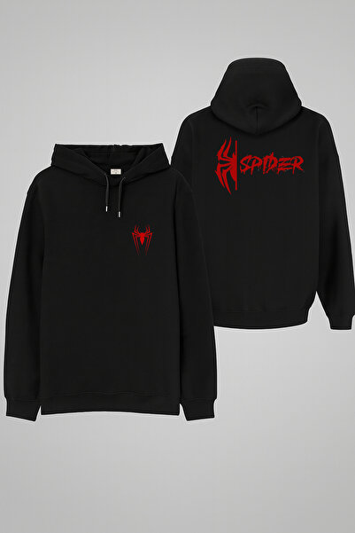 MODA Hanorac negru Spider Web cu imprimeu cu glugă Swea tricou