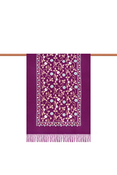 Bursa İpek Mor Nakışlı Kışlık Şal