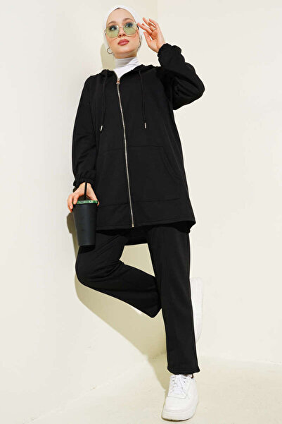 YAZGI MODA Kanguru Cepli Fermuarlı İkili Takım Siyah