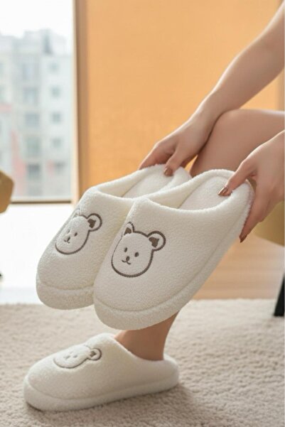 Oksit Ft 103 Panda Embroidered Women's House Slippers Plush Slippers Dowry and Bundle Slippers Do Not Make Noise Thick Sole