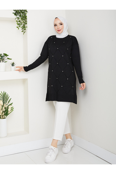 KMKkombin Women's Baklava Patterned Stone Bead Detailled Sleeve End Ribbed Tr...