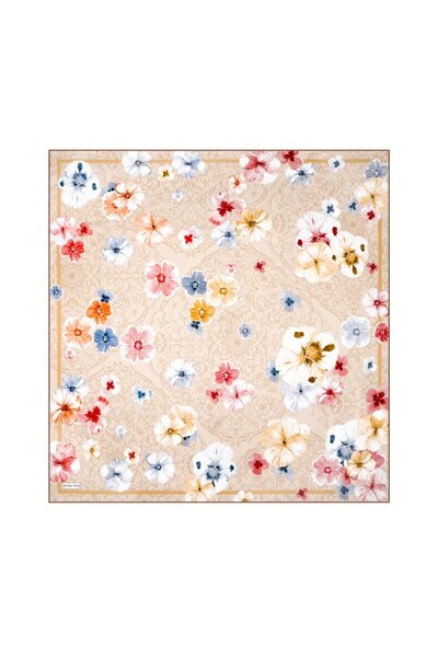 Bursa İpek Μπεζ μεταξωτό μαντήλι διπλής όψης με σχέδιο παπαρούνας