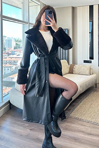 Moda Dubai SARA YAKASI KÜRK DERİ TRENÇ-Siyah