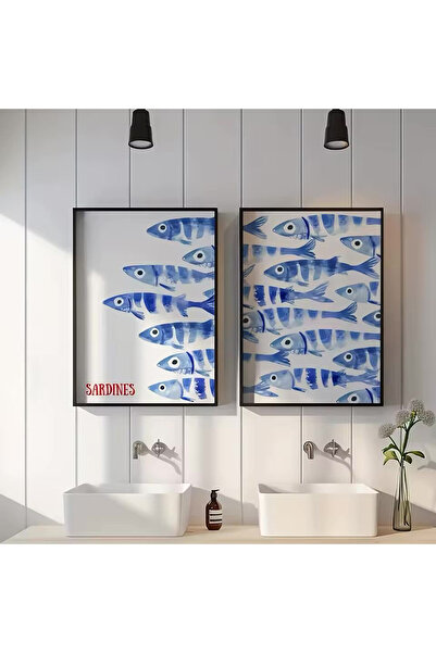 Linacci Set of 2 Black Metal Frame Blue Fish Real Glass Painting