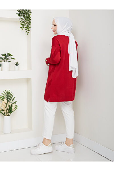 KMKkombin Women's Terry Fabric Sleeve Button Detail Self-Patterned Circular Neck Tunic