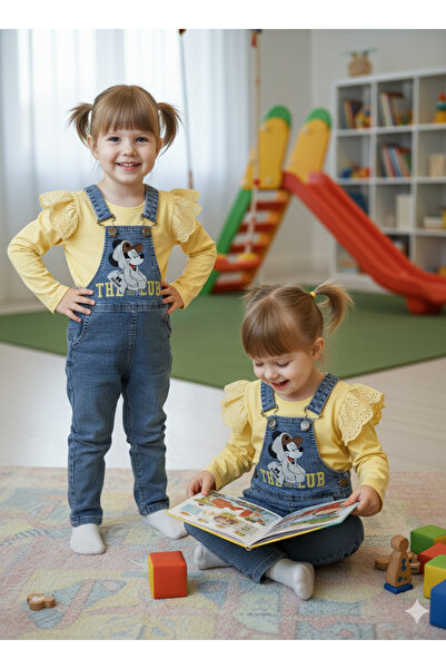 Selvira 2’li Set: Uzun Kollu Sarı Bluz + Mic'key Mouse Baskılı Kot Tulum - 2/...