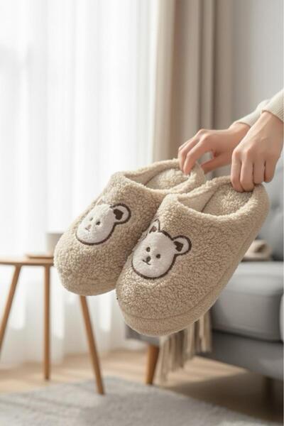 Oksit Ft 103 Panda Embroidered Women's House Slippers Plush Slippers Dowry and Bundle Slippers Do Not Make Noise Thick Sole