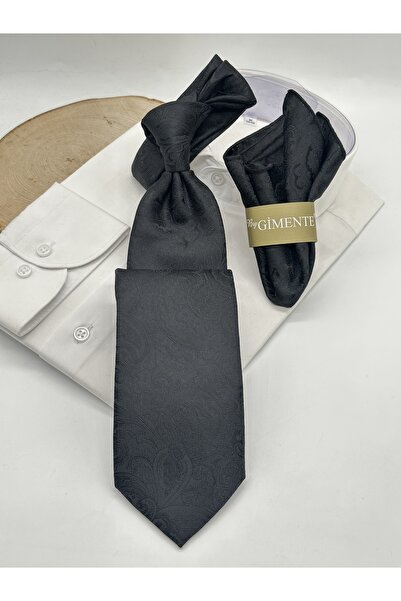 Gutiero Black Patterned Classic Tie with Handkerchief
