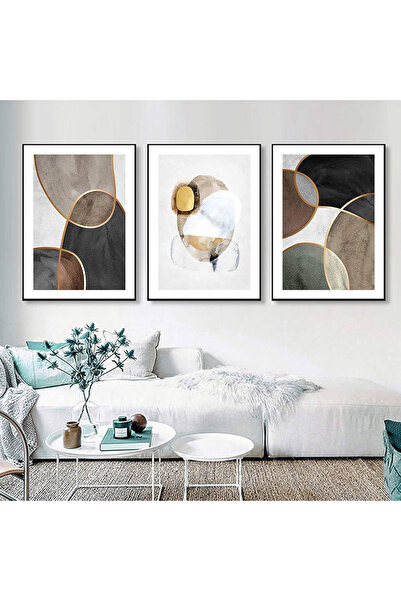 Linacci Set de 3 tablouri din sticlă reală, maro, antracit, cu cadru metalic negru