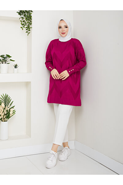 KMKkombin Women's Terry Fabric Sleeve Button Detail Self-Patterned Circular Neck Tunic