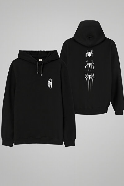 MODA Hanorac negru Spider Web cu imprimeu cu glugă Swea tricou