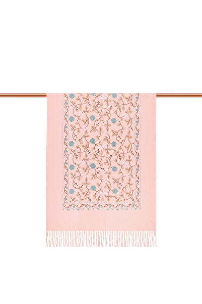 Bursa İpek Pembe Nakışlı Kışlık Şal