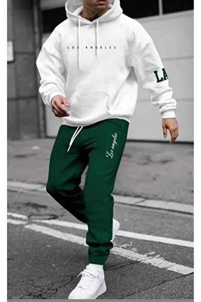 SKYLİGHT Unisex Men / Women Los Angeles Printed White Hooded Sweatshirt Green Jogger Sweatpants