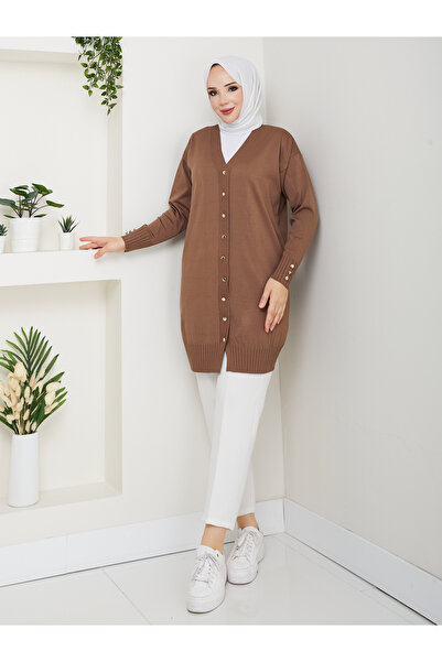 KMKkombin Women's Buttoned Sleeve-Ended Ribbed Knit Cardigan