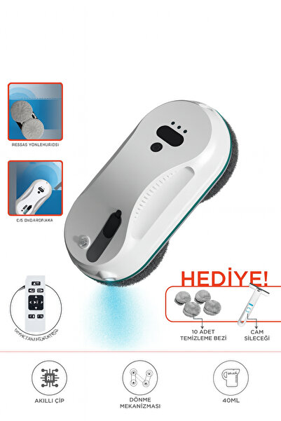 TECHNOMEN Akıllı Cam Temizleme Robotu Otomatik, Uzaktan Kumandalı 40ml Su Tan...