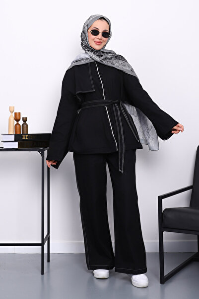 İmajButik Чорний габардиновий піджак із застібкою-блискавкою та брюками