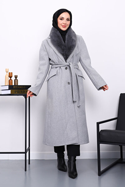 İmajButik Gray Collar Fur Belted Cashmere Coat