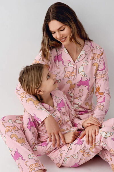 Rolypoly Anne & Kız Pijama Takımı, (Ayrı Ayrı Satılmaktadır), %100 Pamuklu, Önden Düğmeli, Kedi Baskılı