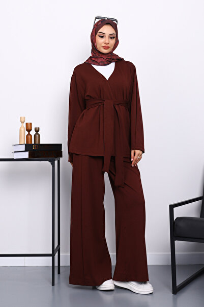 İmajButik Burgundy Belted Trouser Suit