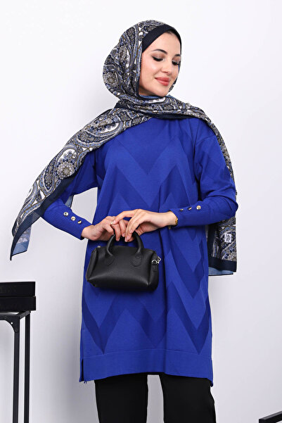 İmajButik Saks Blue Cold Yarn Crew Neck Knitwear Tunic