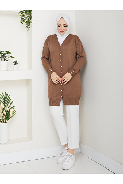 KMKkombin Women's Buttoned Sleeve-Ended Ribbed Knit Cardigan