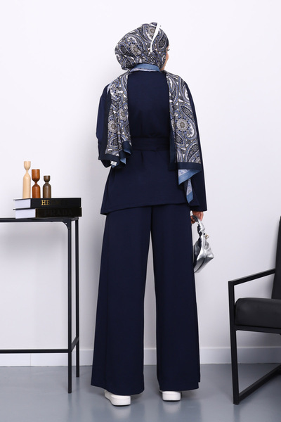 İmajButik Navy Blue Belted Pants Suit
