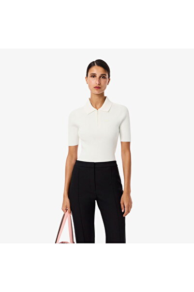 Lacoste Kadın Slim Fit Polo Yaka Beyaz Triko