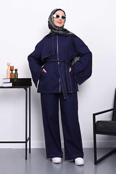 İmajButik Синій габардиновий піджак на блискавці з брюками