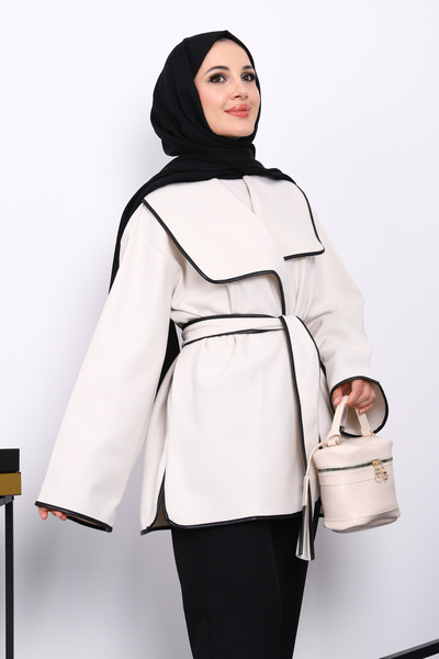 İmajButik Δερμάτινο μπουφάν με κορδόνια από πέτρα με γιακά σάλι