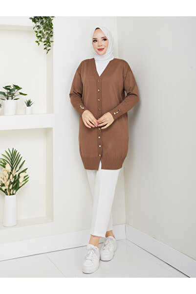 KMKkombin Women's Buttoned Sleeve-Ended Ribbed Knit Cardigan