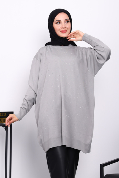 İmajButik Gray Crew Neck Stone Embroidered Tunic