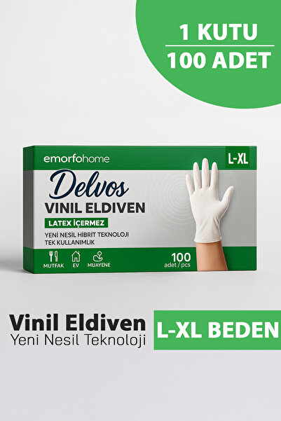 EMORFOHOME Delvos Tek Kullanımlık Vinil Pudrasız Beyaz L-XL Beden Eldiven 100’lü Muayene Eldiveni Latex İçermez